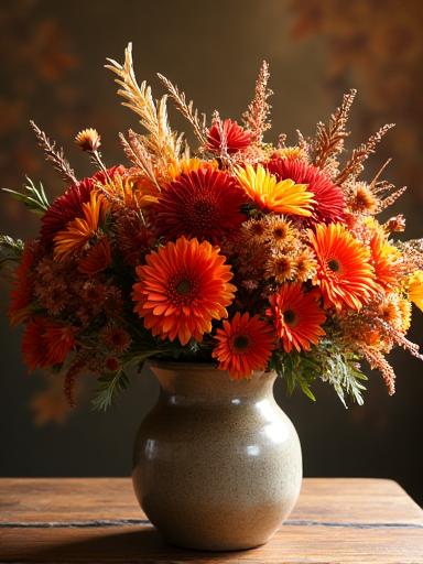The Autumn Sunset bouquet with orange dahlias and red mums.