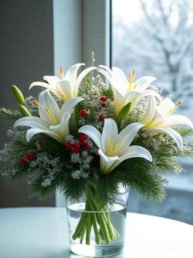 The Evergreen arrangement with white lilies and pine.